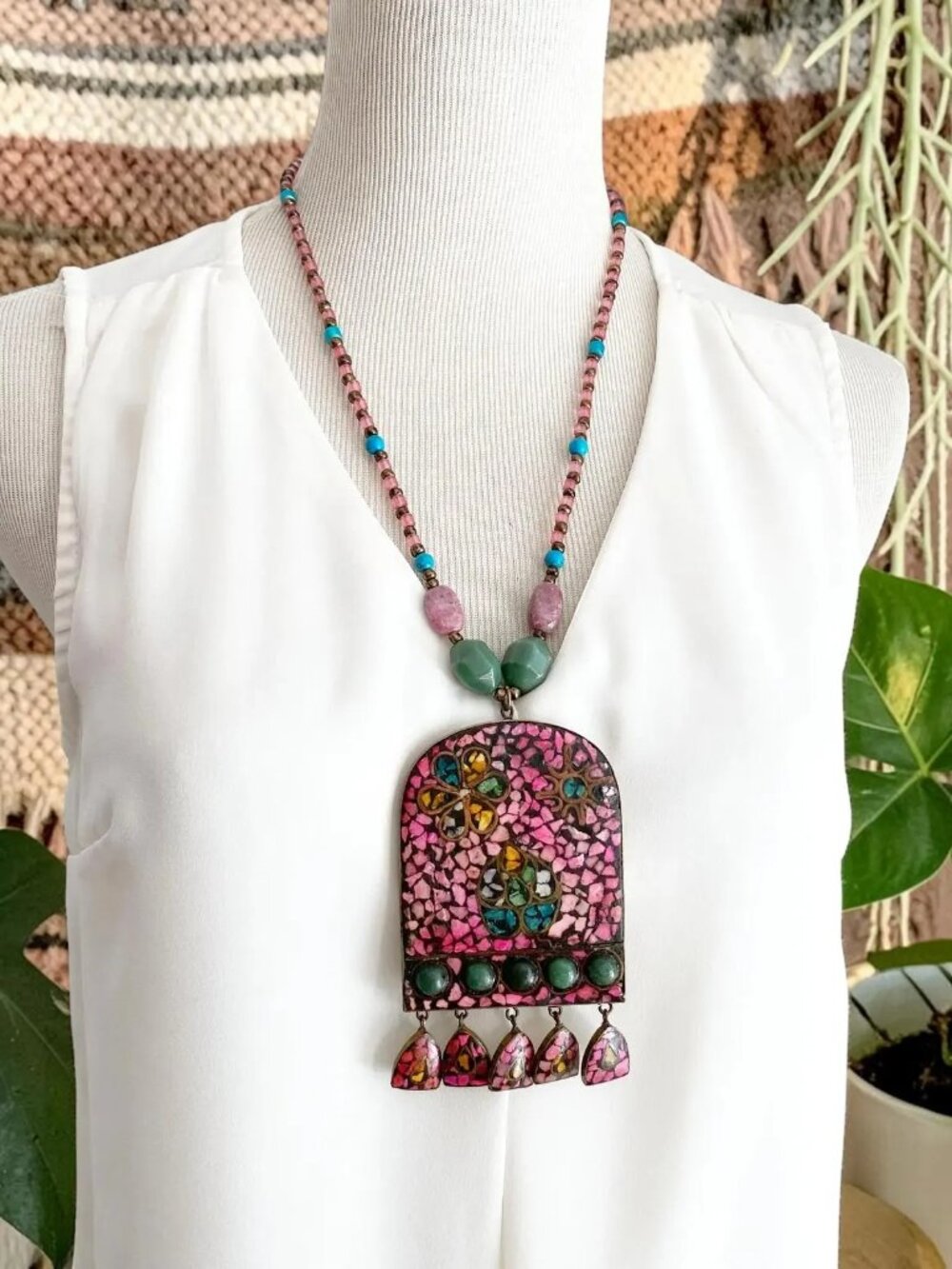 Vintage Mosaic Stone Chip Inlay Brass Large Pendant Beaded Necklace